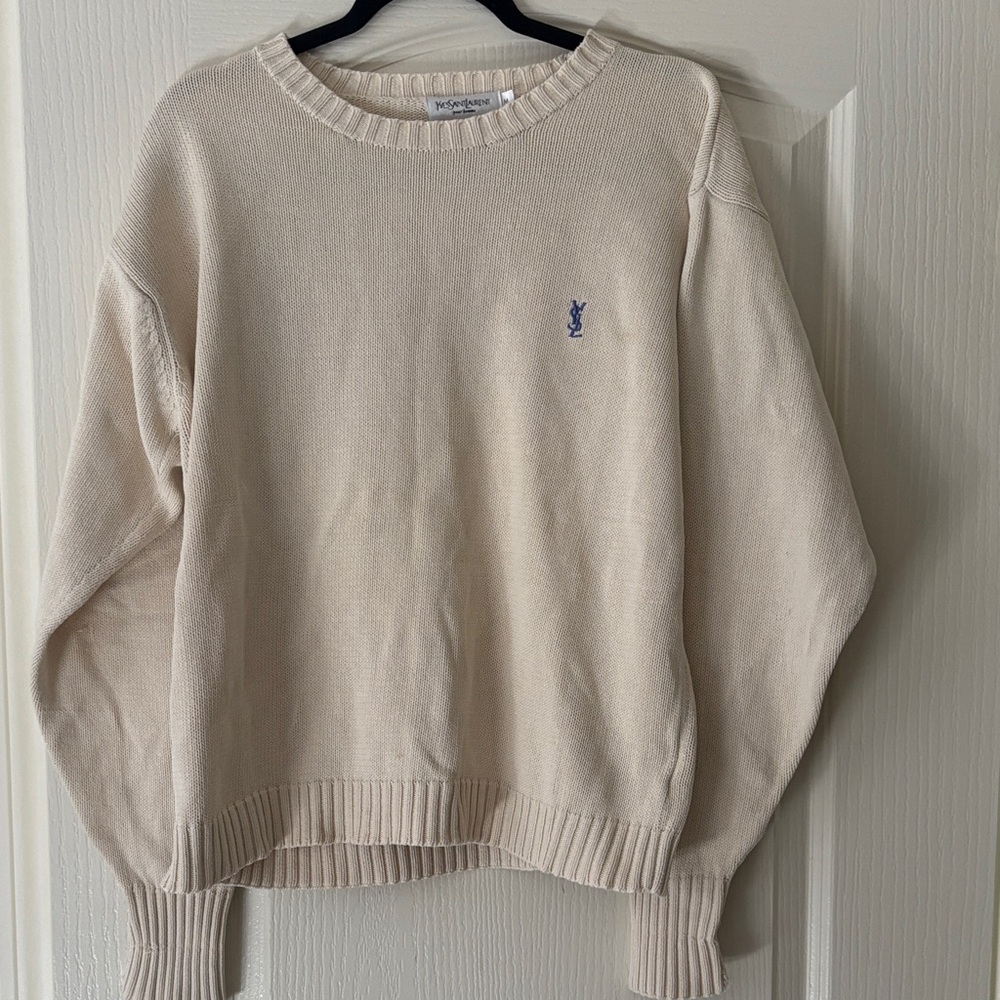 Yves Saint Laurent Cream Crewneck Sweater with Blue YSL Emblem - Picture 2 of 5